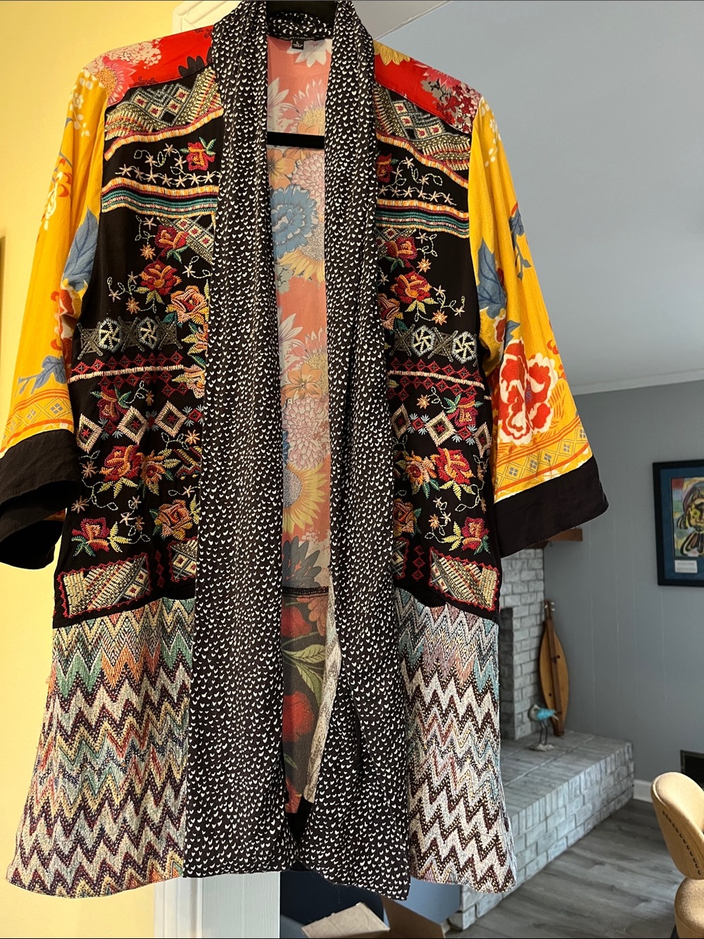 John Mark Multicolor Embroidered Kimono Jacket - Yellow & Black & Red Size L